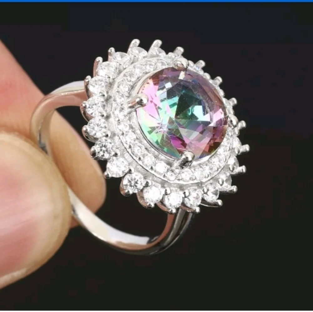 Aurora borealis & white Topaz princess ring - Picture 7 of 16